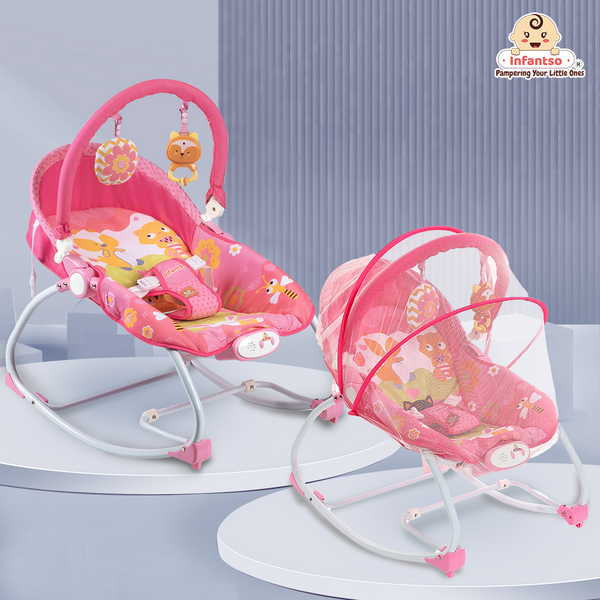 Manual Baby Rocker with Safety Harness Mosquito Net Infant Bouncer for 0 24 Months Portable Washable