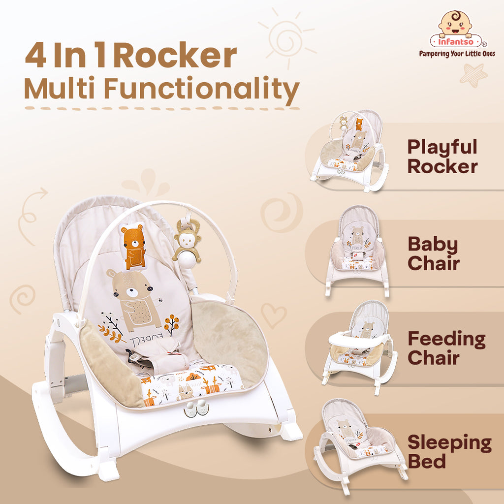 4-in-1 Baby Manual Rocker for to Years, Chair for Newborn with Neck Pillow, Calming Vibrations, Music Toys, 3-Position Adjustable Backrest Swing