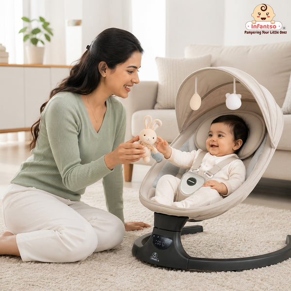 Infantso SLEEP EASE (2-in-1) Automatic Baby Swing – 5-Speed Electric Cradle with Bluetooth Music, Remote Control, Timer & Safety Lock for 0 to 12 months