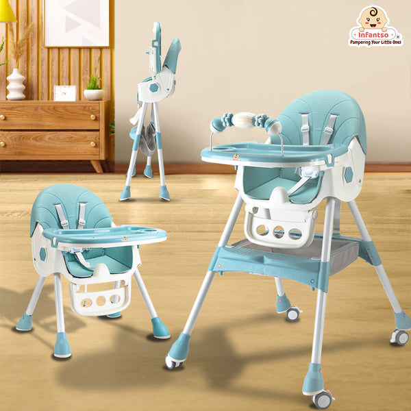 Infantso Feed-X 5-in-1 Multifunctional Baby High Chair | Convertible Feeding Chair for Infants & Toddlers | Adjustable Height, Foldable Design, Reclining Seat, Double Tray, Storage Basket & 5-Point Safety Harness