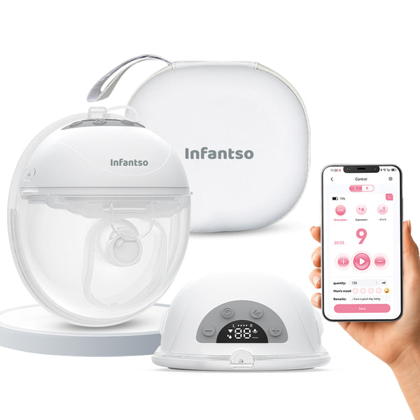 Smart Breast pump product set with a smartphone displaying an app interface 