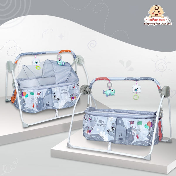 Animal Print Automatic Baby Cradle & Swing with 3-Point Safety Harness, Remote Control, Mosquito Net, Soothing Musical, Extra Cushion, Baby Age 0-2 Years (Grey 2)