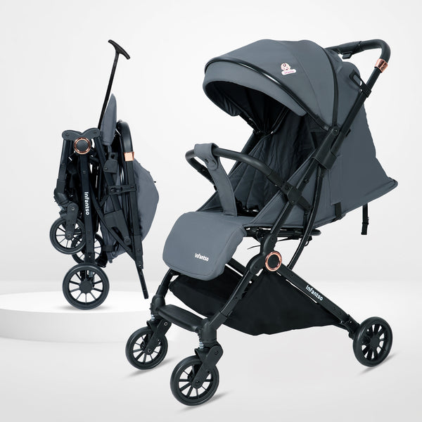 Infantso Ride-X Auto Fold Baby Stroller with One-Hand Fold, Mosquito Net, 5-Point Safety Harness, Shock Absorber Wheels & Compact Travel Design (0–3 Years, Up to 15kg)