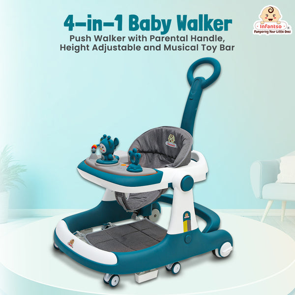 Premium Rectangular 4-in-1 Multi-functional Baby Walker: Walker, Bouncer, Feeding Tray, & Push Toy - Adjustable Speed & Height, Anti-Fall Brakes - 6-24 Months