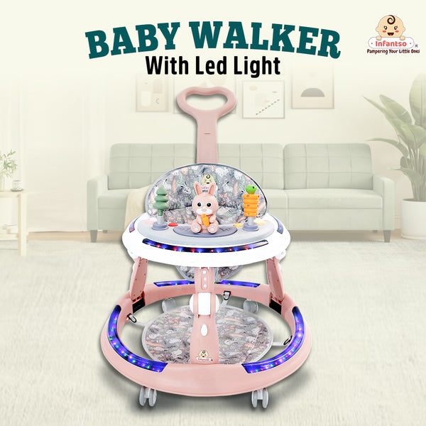 4-in-1 Premium Baby Walker with LED Light, 4-Level Cushion Seat & 3-level Height Adjustments - Walker, Bouncer, Feeding Table and Parental Push bar 6 Months to 24 months - 15kgs