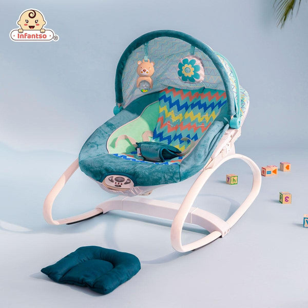 Infantso Manual Prime Rocker with 2 Recline Positions, Canopy, Vibrations, and Musical Toys for Newborns (0+ to 24 Months, Holds upto 18kg)