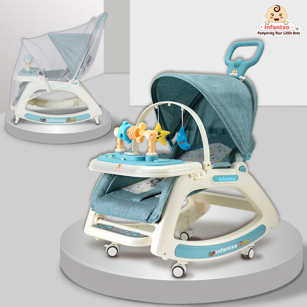 Infantso 5-in-1 Prime Baby Rocker & Walker – Multi-Functional Infant Seat with Mosquito Net, Toy Bar & Feeding Tray