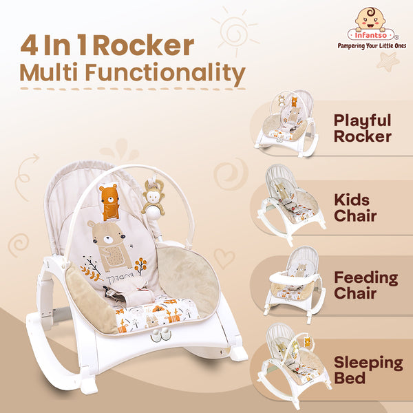 4-in-1 Baby Manual Rocker for 0 to 3 Years, Chair for Newborn with Neck Pillow, Calming Vibrations, Music & Toys, 3-Position Adjustable Backrest Swing with Feeding Tray