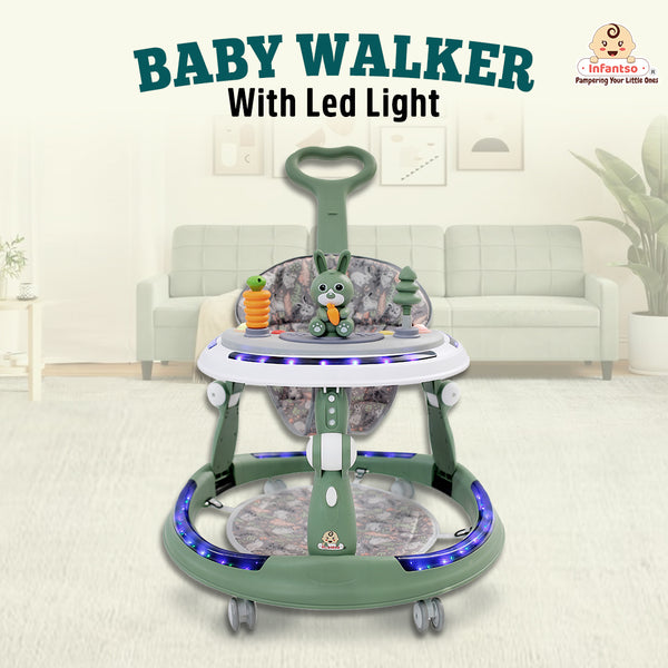 4-in-1 Premium Baby Walker with LED Light, 4-Level Cushion Seat & 3-level Height Adjustments - Walker, Bouncer, Feeding Table and Parental Push bar 6 Months to 24 months - 15kgs