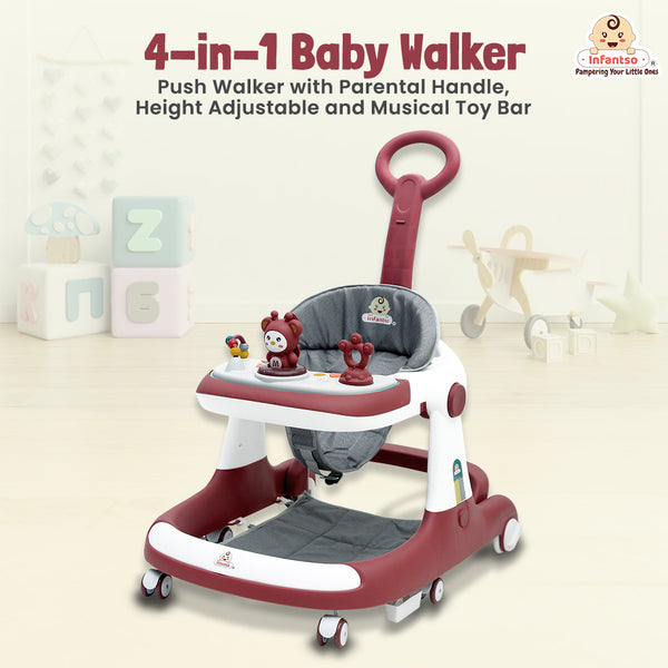 Premium Rectangular 4-in-1 Multi-functional Baby Walker: Walker, Bouncer, Feeding Tray, & Push Toy - Adjustable Speed & Height, Anti-Fall Brakes - 6-24 Months
