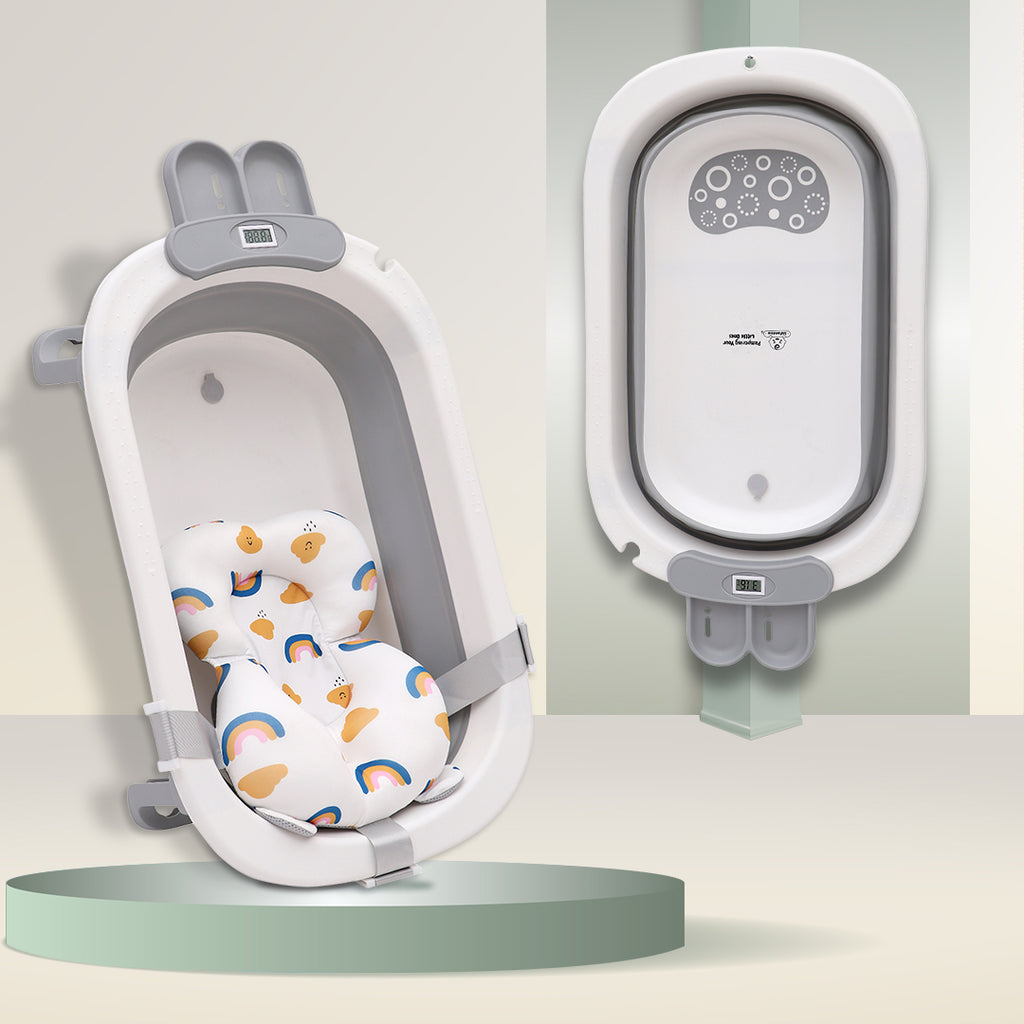 Infantso Smart Anti-Slip Foldable Baby Bath Tub with Temperature Sensor, Soap Tray Support Cushion Portable Travel-Friendly Silicone Bath Tub