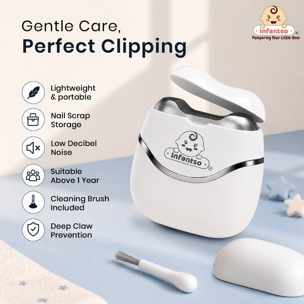 Infantso TRIMSY Electric Baby Nail Trimmer – Safe Nail Cutter for Newborns & Kids | Skin-Friendly Grooming Tool with Cleaning Brush | Unisex Nail Clipper for Boys & Girls