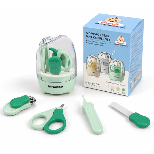 Infantso Compact Bear Baby Nail Clipper Set | 4‑in‑1 Baby Grooming Kit with Scissors, Nail Filer, Tweezer & Clipper | Safe & Gentle Grooming for Newborns & Toddlers | Cute Bear‑Shaped Storage Case