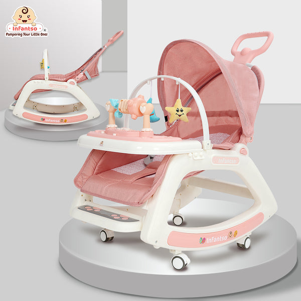 Infantso 5-in-1 Prime Baby Rocker & Walker – Multi-Functional Infant Seat with Mosquito Net, Toy Bar & Feeding Tray