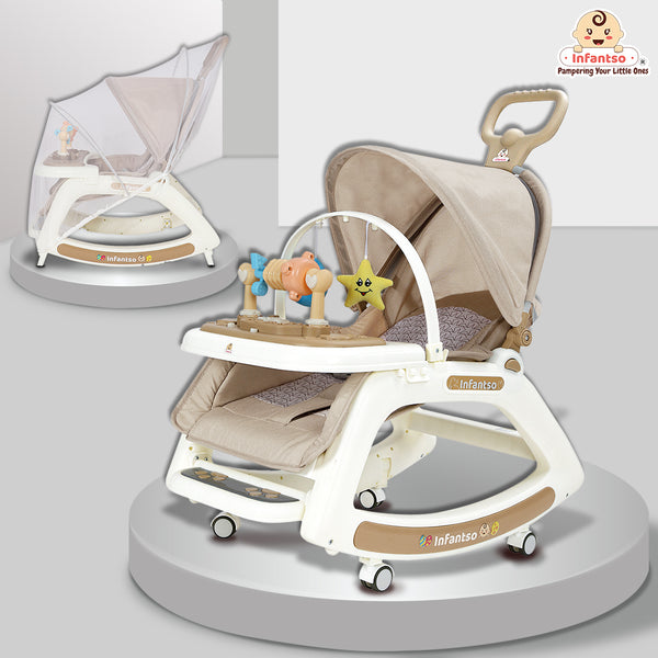 Infantso 5-in-1 Prime Baby Rocker & Walker – Multi-Functional Infant Seat with Mosquito Net, Toy Bar & Feeding Tray
