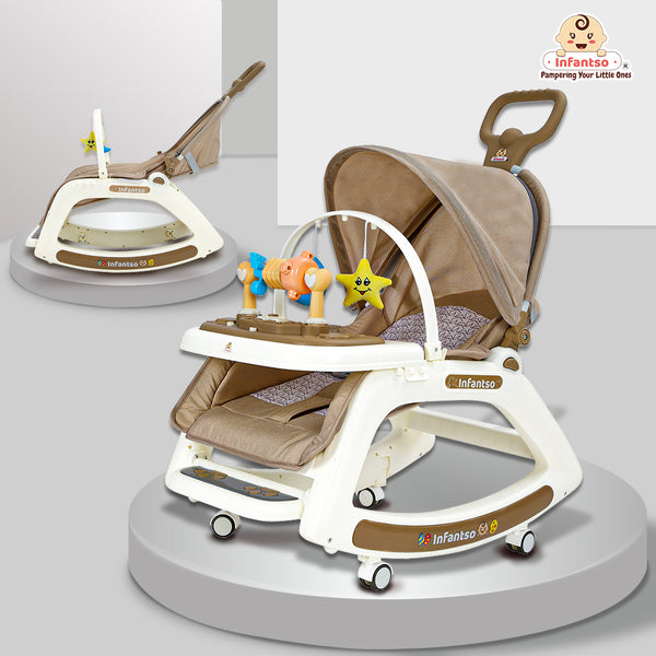 Infantso 5-in-1 Prime Baby Rocker & Walker – Multi-Functional Infant Seat with Mosquito Net, Toy Bar & Feeding Tray
