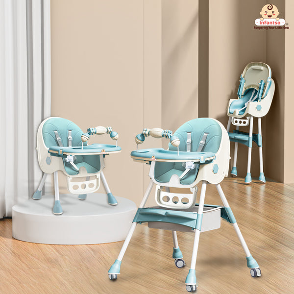 Infantso Feed-X 5-in-1 Multifunctional Baby High Chair | Convertible Feeding Chair for Infants & Toddlers | Adjustable Height, Foldable Design, Reclining Seat, Double Tray, Storage Basket & 5-Point Safety Harness