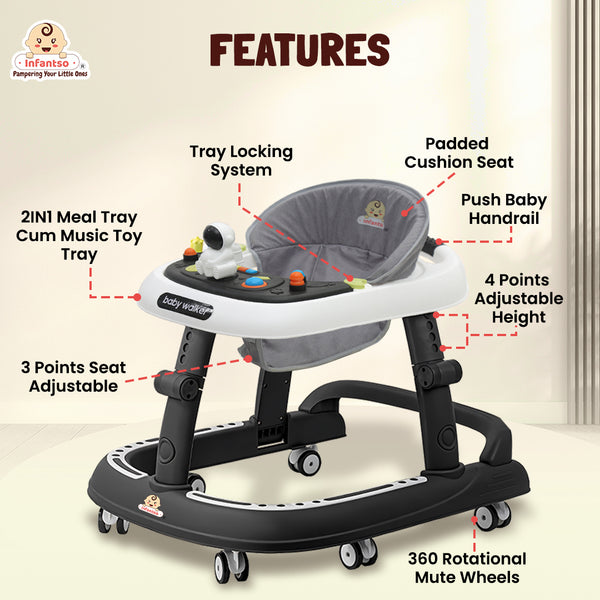 2-in-1 Premium Baby Walker with 4-Gear Height Adjustment and Astronaut Toys for Babies 6-24 Months