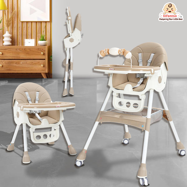 Infantso Feed-X 5-in-1 Multifunctional Baby High Chair | Convertible Feeding Chair for Infants & Toddlers | Adjustable Height, Foldable Design, Reclining Seat, Double Tray, Storage Basket & 5-Point Safety Harness