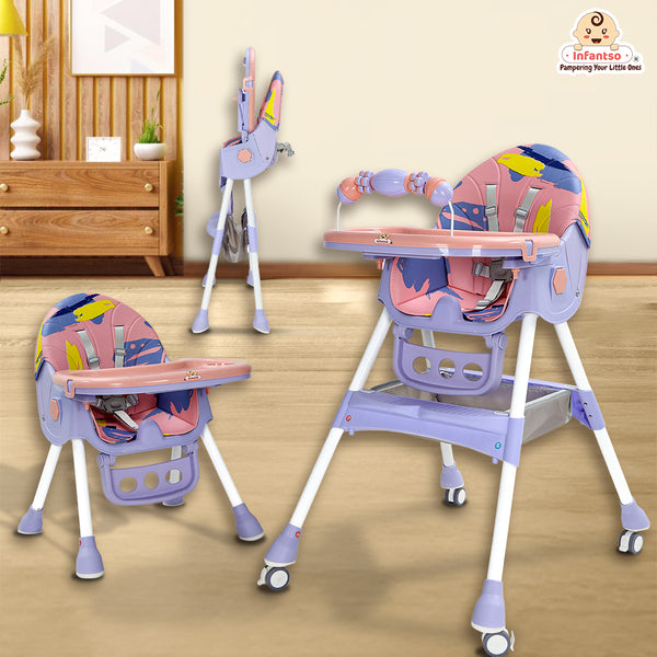 Infantso Feed-X 5-in-1 Multifunctional Baby High Chair | Convertible Feeding Chair for Infants & Toddlers | Adjustable Height, Foldable Design, Reclining Seat, Double Tray, Storage Basket & 5-Point Safety Harness