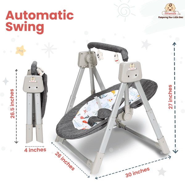 Automatic Swing Rocker with Bluetooth, Remote Control, 5 Speeds, Music, Timer, Mosquito Net & Toy Bar (0-2 Years), Holds weight upto 15kg