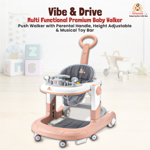 Infantso Vibe & Drive Multifunction 2-in-1 Baby Walker, Bouncer & Car Dashboard Activity Center with Music Tray, Push Handle, Safety Brakes, Adjustable Height & 360° Wheels