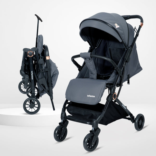 Infantso Ride-X Auto Fold Baby Stroller with One-Hand Fold, Mosquito Net, 5-Point Safety Harness, Shock Absorber Wheels & Compact Travel Design (0–3 Years, Up to 15kg)