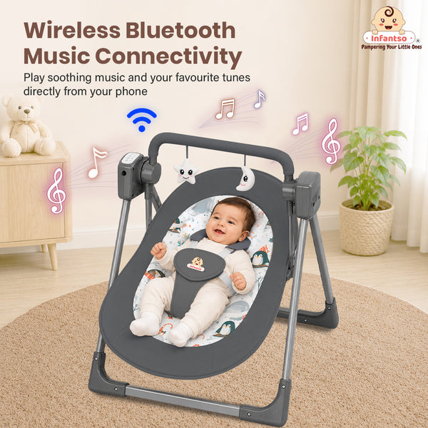 Automatic Swing Rocker with Bluetooth, Remote Control, 5 Speeds, Music, Timer, Mosquito Net & Toy Bar (0-2 Years), Holds weight upto 15kg