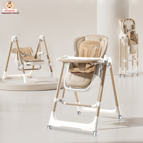 Infantso Swini 5-in-1 Baby High Chair & Swing – Adjustable, Foldable Feeding Chair with Dual Tray, Reclining Backrest & Footrest for 6 Months to 5 Years