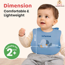 blue silicone baby bib with elephant design, dimensions 28.5cm x 21.5cm, lightweight, comfortable, suitable for infants 2 months and older.