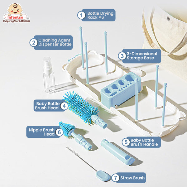 Infantso Foam-O 7-in-1 Baby Bottle Cleaning Brush Set – Silicone Bottle Cleaner Kit for Newborn Essentials with Pacifier Brush, Straw Brush, Drying Rack & Soap Dispenser