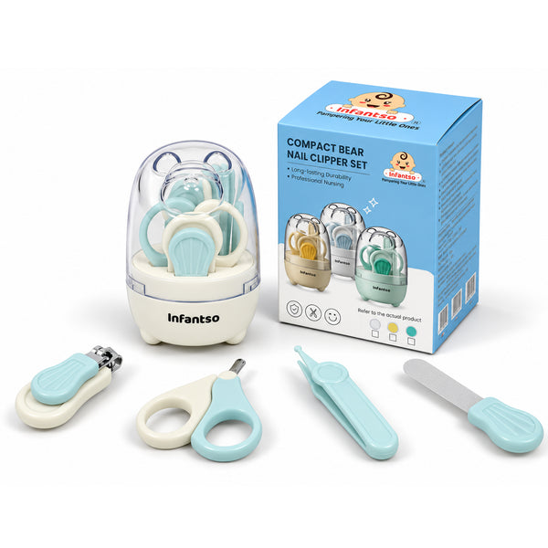 Infantso Compact Bear Baby Nail Clipper Set | 4‑in‑1 Baby Grooming Kit with Scissors, Nail Filer, Tweezer & Clipper | Safe & Gentle Grooming for Newborns & Toddlers | Cute Bear‑Shaped Storage Case