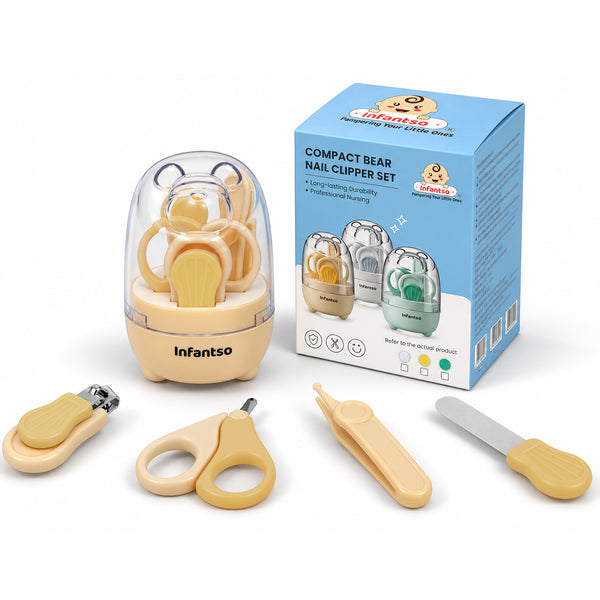 Infantso Compact Bear Baby Nail Clipper Set | 4‑in‑1 Baby Grooming Kit with Scissors, Nail Filer, Tweezer & Clipper | Safe & Gentle Grooming for Newborns & Toddlers | Cute Bear‑Shaped Storage Case