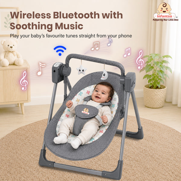Automatic Swing Rocker with Bluetooth, Remote Control, 5 Speeds, Music, Timer, Mosquito Net & Toy Bar (0-2 Years), Holds weight upto 15kg