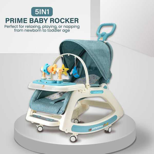 Infantso 5-in-1 Prime Baby Rocker & Walker – Multi-Functional Infant Seat with Mosquito Net, Toy Bar & Feeding Tray