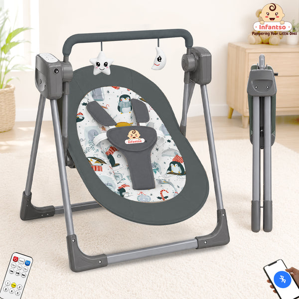 Automatic Swing Rocker with Bluetooth, Remote Control, 5 Speeds, Music, Timer, Mosquito Net & Toy Bar (0-2 Years), Holds weight upto 15kg