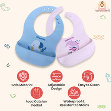 silicone baby bibs in blue elephant and pink dolphin designs with food catcher pocket, waterproof, stain‑resistant, adjustable, and easy to clean