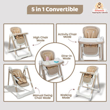 Infantso Swini 5-in-1 Baby High Chair & Swing – Adjustable, Foldable Feeding Chair with Dual Tray, Reclining Backrest & Footrest for 6 Months to 5 Years
