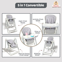 Infantso Swini 5-in-1 Baby High Chair & Swing – Adjustable, Foldable Feeding Chair with Dual Tray, Reclining Backrest & Footrest for 6 Months to 5 Years