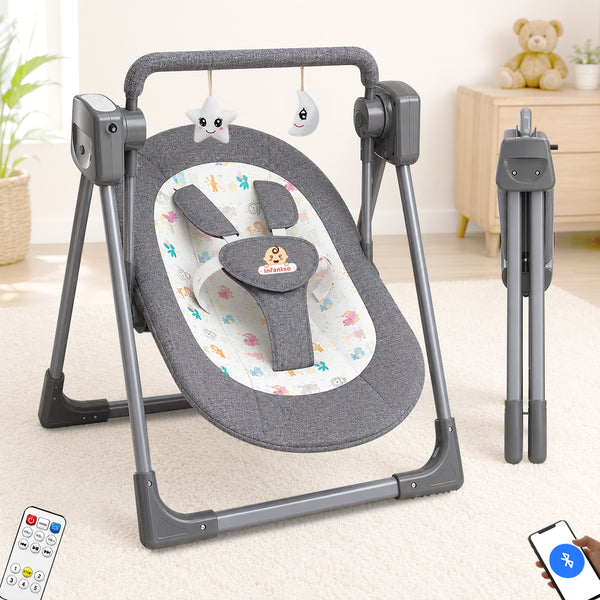 Automatic Swing Rocker with Bluetooth, Remote Control, 5 Speeds, Music, Timer, Mosquito Net & Toy Bar (0-2 Years), Holds weight upto 15kg