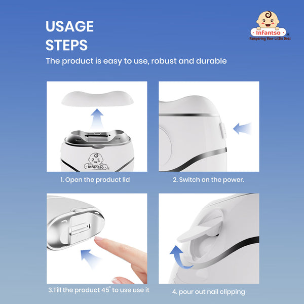 Infantso TRIMSY Electric Baby Nail Trimmer – Safe Nail Cutter for Newborns & Kids | Skin-Friendly Grooming Tool with Cleaning Brush | Unisex Nail Clipper for Boys & Girls