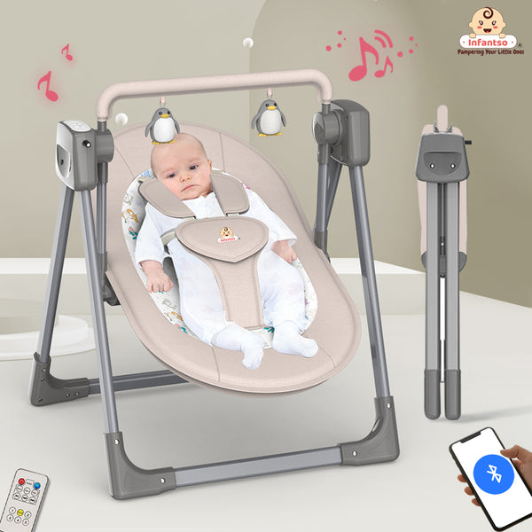 Automatic Swing Rocker with Bluetooth, Remote Control, 5 Speeds, Music, Timer, Mosquito Net & Toy Bar (0-2 Years), Holds weight upto 15kg