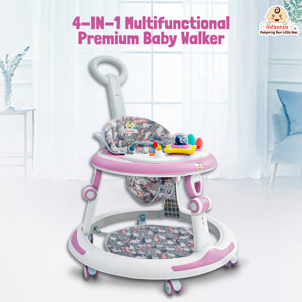 Premium Round 4-in-1 Multi-functional Baby Walker with 3-level height adjustment and 3-level cushion seat adjustment - Walker, Bouncer, Feeding Table and Parental Push bar, 6 Months to 24 months - 15kgs