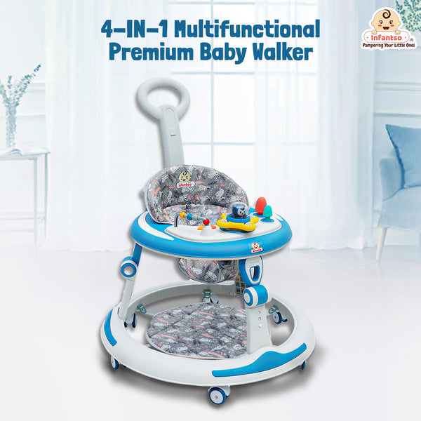 Premium Round 4-in-1 Multi-functional Baby Walker with 3-level height adjustment and 3-level cushion seat adjustment - Walker, Bouncer, Feeding Table and Parental Push bar, 6 Months to 24 months - 15kgs