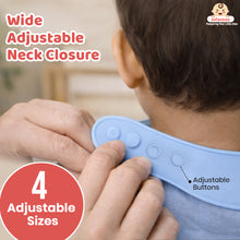 silicone baby bib with wide adjustable neck closure and 4 button sizes, shown on child for secure comfortable fit.