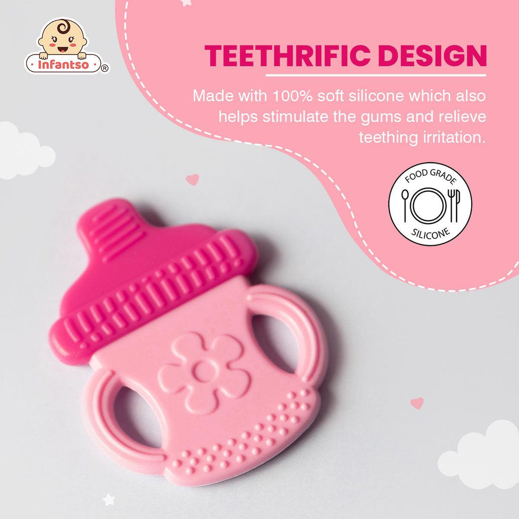INFANTSO Non-Toxic Food-Grade Silicone Baby Teether Bottle Shape Teether, BPA-Free for Pain-Relief Easy Teething, for 2+ Months Babies (Blue)