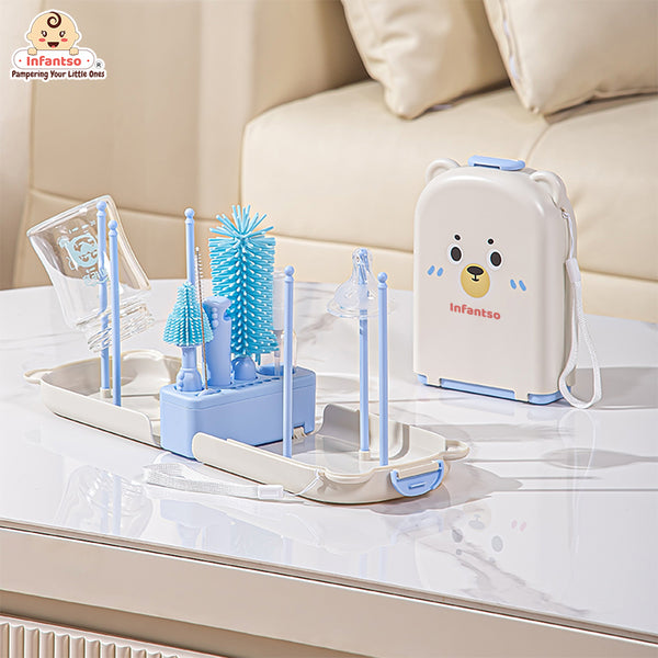 Infantso Foam-O 7-in-1 Baby Bottle Cleaning Brush Set – Silicone Bottle Cleaner Kit for Newborn Essentials with Pacifier Brush, Straw Brush, Drying Rack & Soap Dispenser