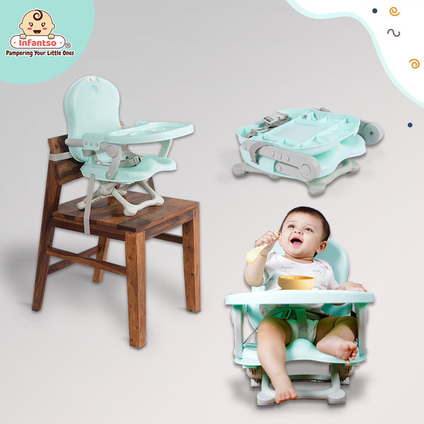 Baby Feeding Chair, Foldable booster chair, 4-Level Height Adjustment, 3-Point Safety Belt and Removable Dining Tray for Infants and Toddlers of Age: 6 Months – 3 Years