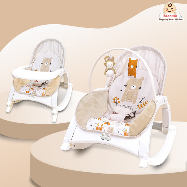 4-in-1 Baby Manual Rocker for 0 to 3 Years, Chair for Newborn with Neck Pillow, Calming Vibrations, Music & Toys, 3-Position Adjustable Backrest Swing with Feeding Tray