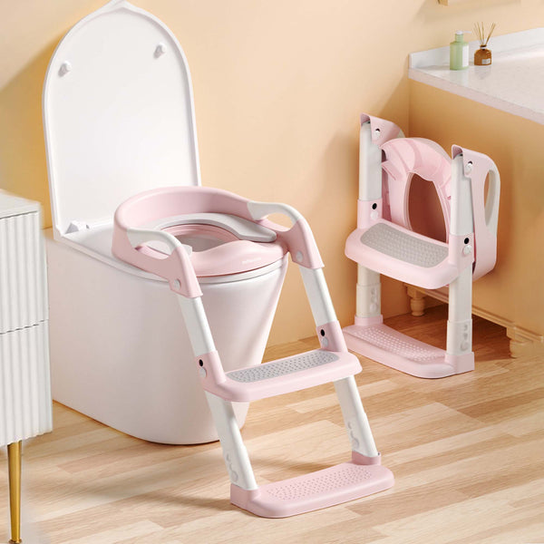 Infantso PLOOPI Step Potty Trainer Seat with Ladder for Kids (1–5 Years) | Foldable Design, 5-Level Height Adjustment, PU Cushion, Splash Guard & Safety Handles | Fits All Western Toilets